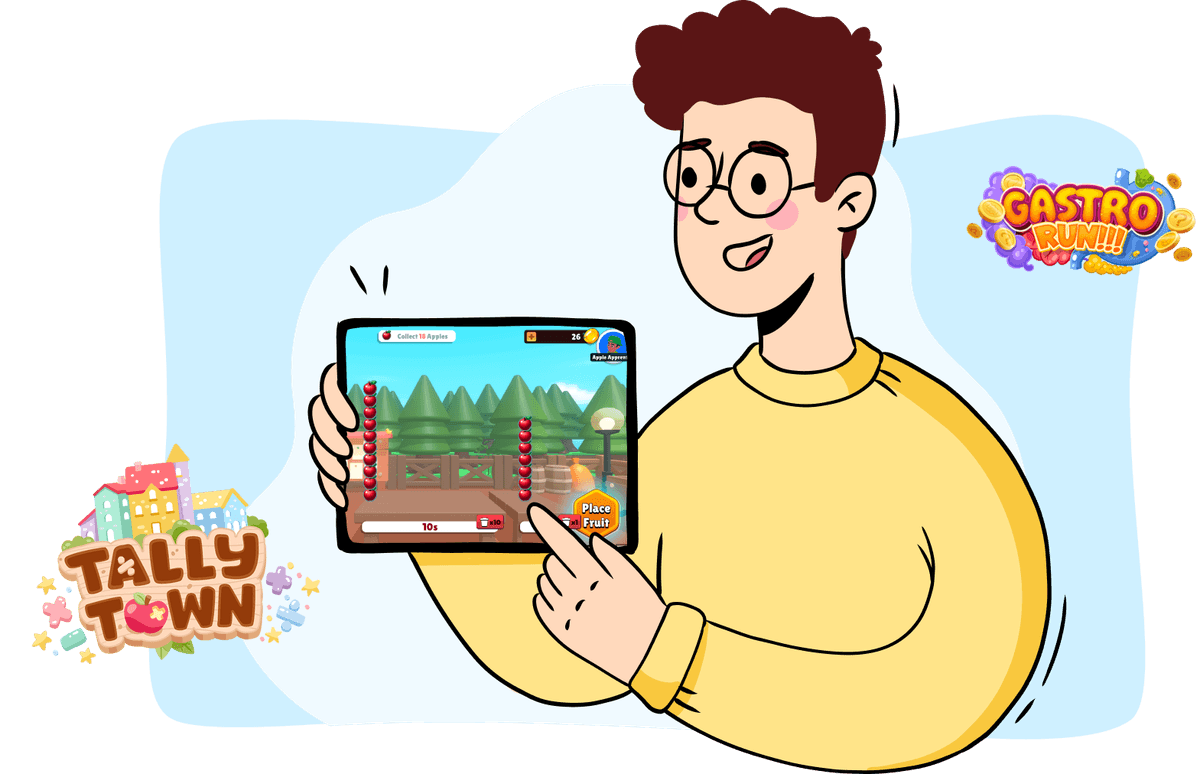 Character holding a tablet with Tally Town game
